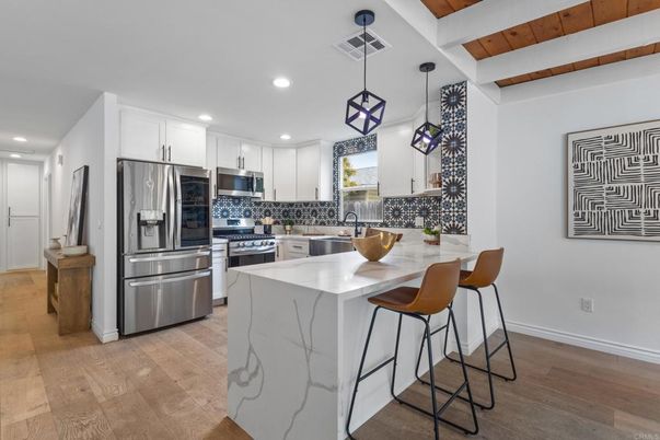 Interior, Kitchen, Pendant Lights, Recessed Lighting, Stainless Steel Appliances, Wooden Beams, Wooden Ceilings, Wood Texture Flooring