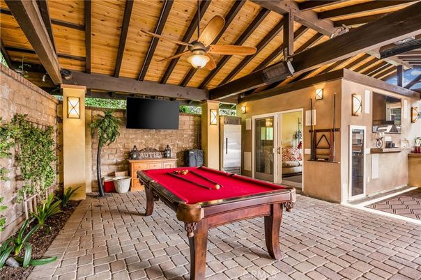 Billiard Table, Fireplace, Game Room, Interior, Stone Walls, Wooden Beams, Wooden Ceilings