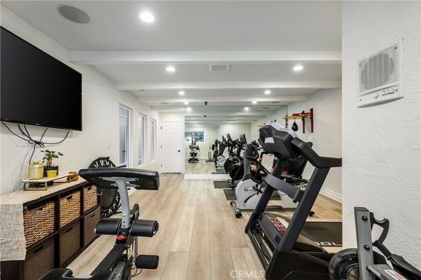 Fitness Equipment, Gym, Interior, Recessed Lighting, Wood Texture Flooring