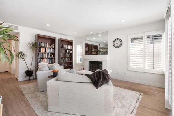 Fireplace, Interior, Living room, Recessed Lighting, Wood Texture Flooring