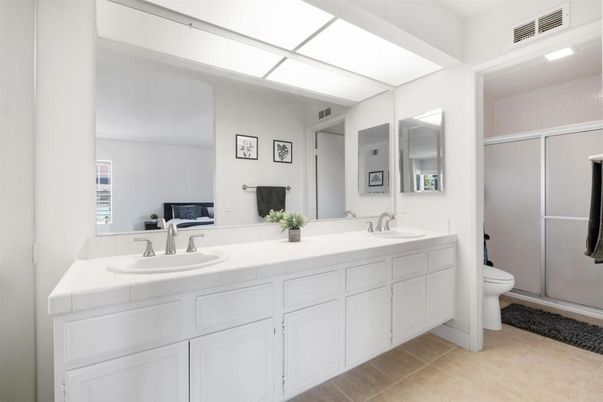 Bathroom, Dual Sink Vanities, Glass Shower, Interior, Tile Countertops