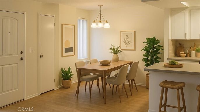 Dining room, Interior, Pendant Lights, Wood Texture Flooring