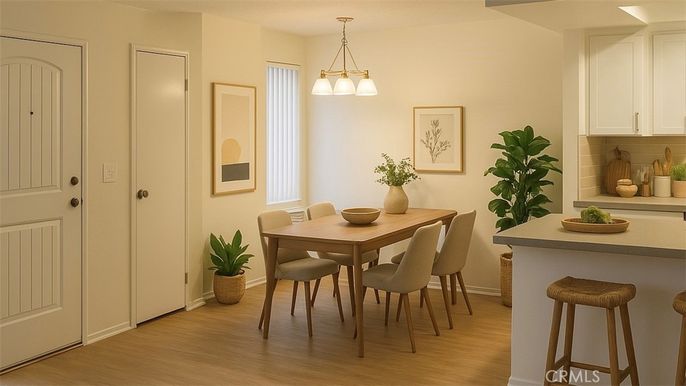Dining room, Interior, Pendant Lights, Wood Texture Flooring