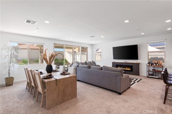 Dining room, Fireplace, Interior, Living room, Recessed Lighting