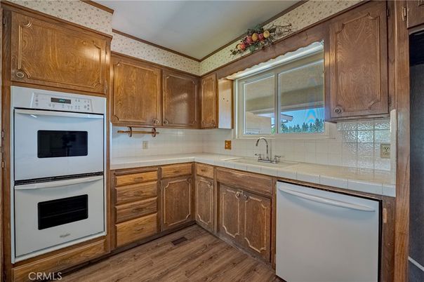 Interior, Kitchen, Tile Countertops, Wood Texture Flooring