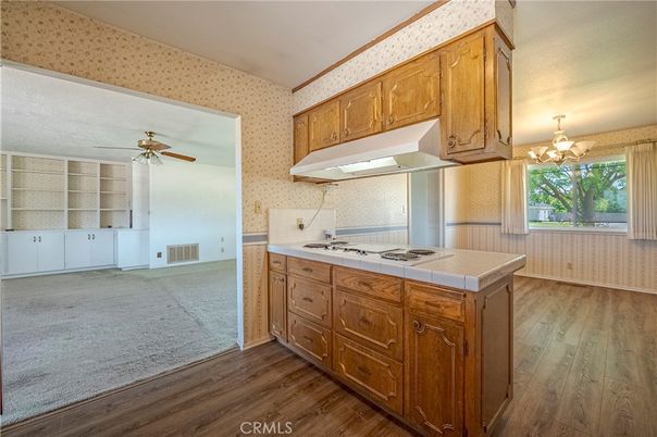 Interior, Kitchen, Tile Countertops, Wood Texture Flooring