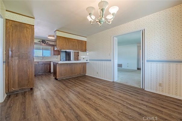 Chandelier, Empty room, Interior, Kitchen, Wood Texture Flooring