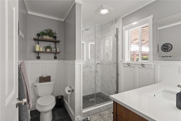 Bathroom, Glass Shower, Interior, Marble Walls, Recessed Lighting, Wood Texture Flooring