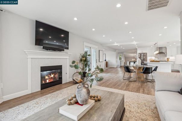 Dining room, Fireplace, Interior, Kitchen, Living room, Pendant Lights, Recessed Lighting, Wood Texture Flooring