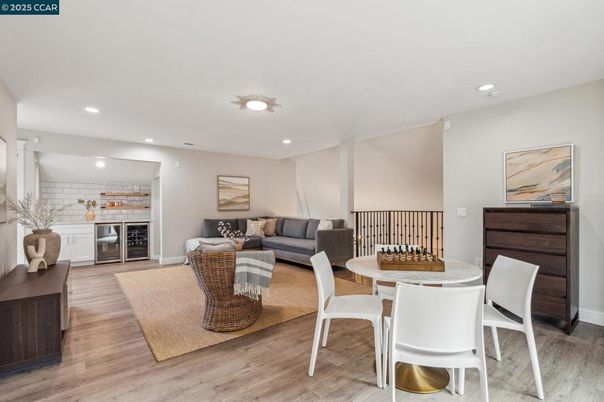 Dining room, Interior, Living room, Recessed Lighting, Wood Texture Flooring