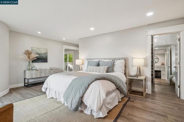Bedroom, Fireplace, Interior, Recessed Lighting, Wood Texture Flooring