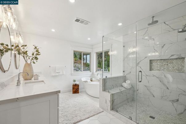 Bathroom, Dual Sink Vanities, Free Standing Baths, Glass Shower, Interior, Marble, Marble Walls, Recessed Lighting