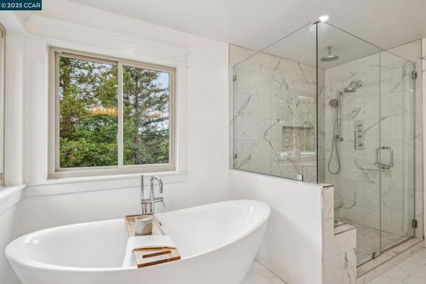 Bathroom, Free Standing Baths, Glass Shower, Interior, Marble, Marble Walls