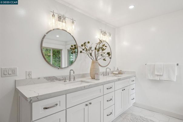 Bathroom, Dual Sink Vanities, Interior, Marble, Recessed Lighting