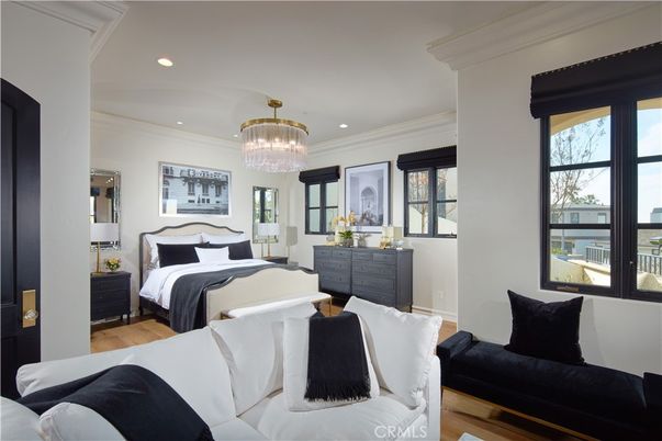 Bedroom, Chandelier, Interior, Recessed Lighting, Wood Texture Flooring