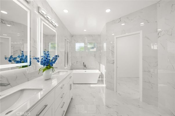 Bathroom, Dual Sink Vanities, Free Standing Baths, Glass Shower, Interior, Marble, Marble Walls, Recessed Lighting
