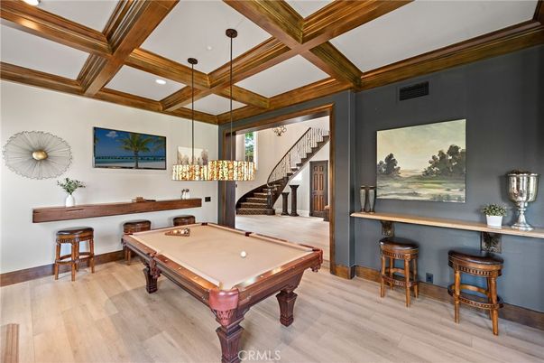 Billiard Table, Chandelier, Game Room, Interior, Pendant Lights, Recessed Lighting, Wooden Beams, Wood Texture Flooring
