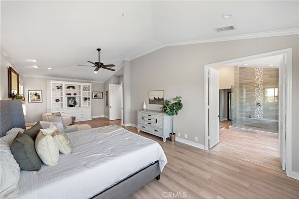 Bathroom, Bedroom, Glass Shower, Interior, Recessed Lighting, Wood Texture Flooring