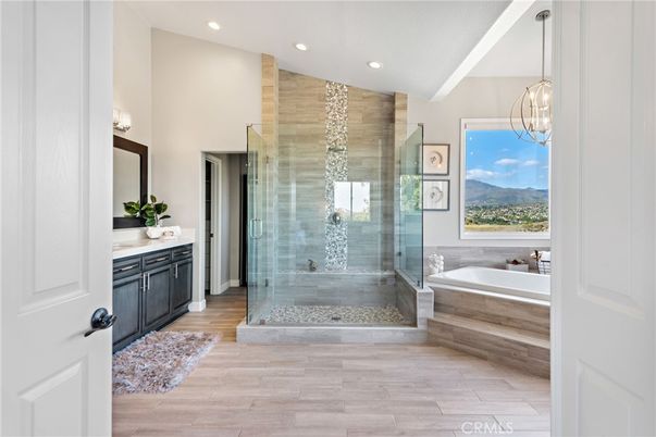 Bathroom, Glass Shower, Interior, Pendant Lights, Recessed Lighting, Wood Texture Flooring