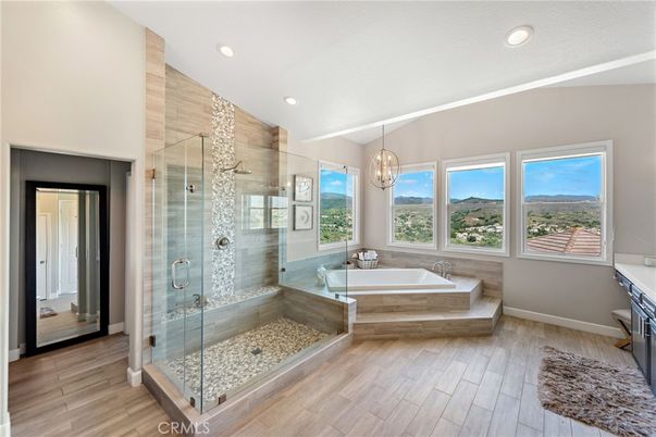 Bathroom, Glass Shower, Interior, Pendant Lights, Recessed Lighting, Wood Texture Flooring