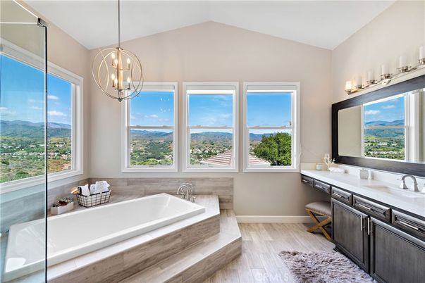 Bathroom, Interior, Pendant Lights, Wood Texture Flooring