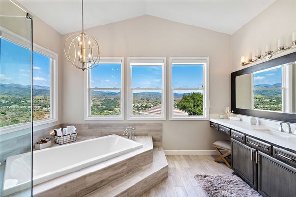Bathroom, Interior, Pendant Lights, Wood Texture Flooring