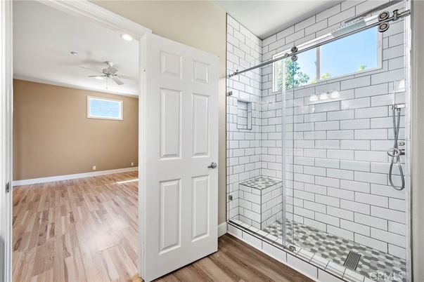 Bathroom, Glass Shower, Interior, Recessed Lighting, Wood Texture Flooring