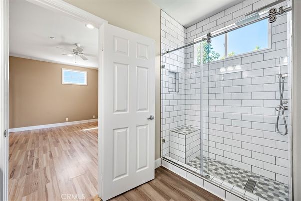 Bathroom, Glass Shower, Interior, Recessed Lighting, Wood Texture Flooring