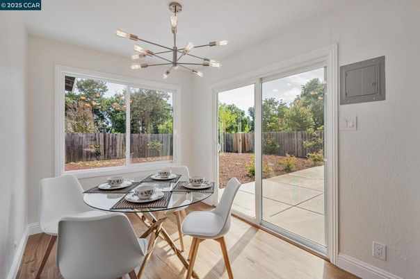 Dining room, Interior, Pendant Lights, Wood Texture Flooring