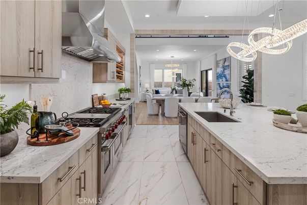 Dining room, Interior, Kitchen, Living room, Marble, Pendant Lights, Recessed Lighting, Stainless Steel Appliances