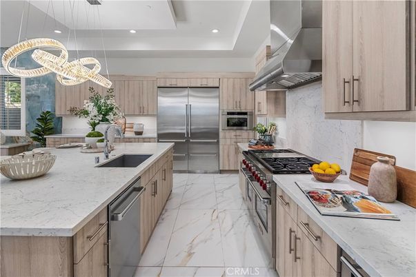 Interior, Kitchen, Marble, Pendant Lights, Recessed Lighting, Stainless Steel Appliances