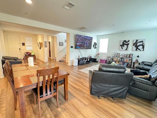 Dining room, Interior, Living room, Recessed Lighting, Wood Texture Flooring