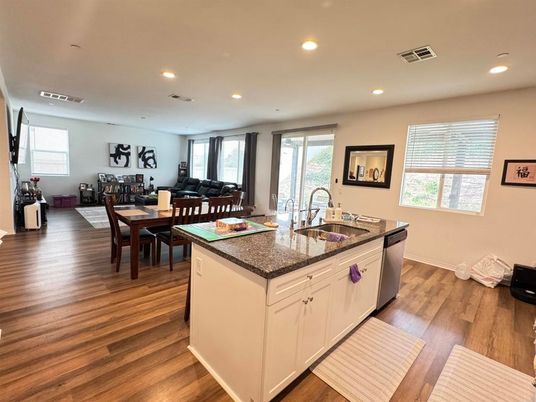 Dining room, Interior, Kitchen, Living room, Recessed Lighting, Wood Texture Flooring