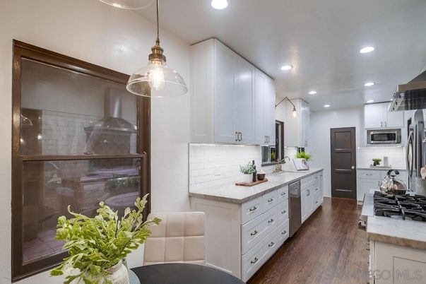 Interior, Kitchen, Pendant Lights, Recessed Lighting, Stainless Steel Appliances, Wood Texture Flooring