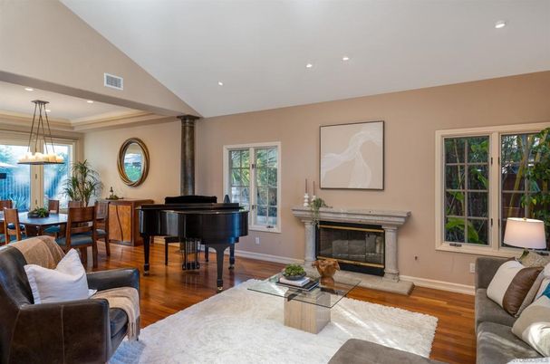Dining room, Fireplace, Interior, Living room, Pendant Lights, Piano, Recessed Lighting, Wood Texture Flooring