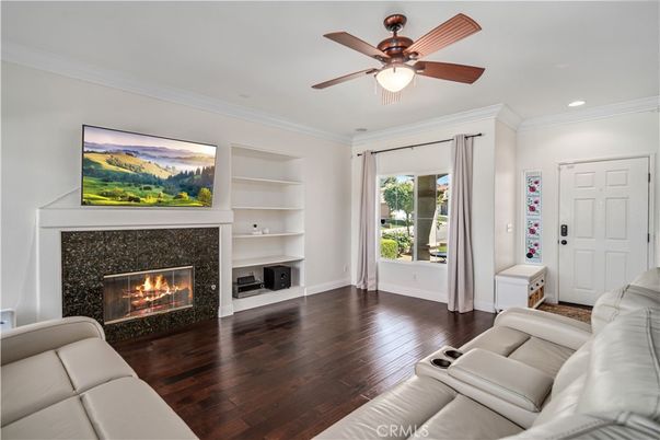 Fireplace, Interior, Living room, Recessed Lighting, Wood Texture Flooring