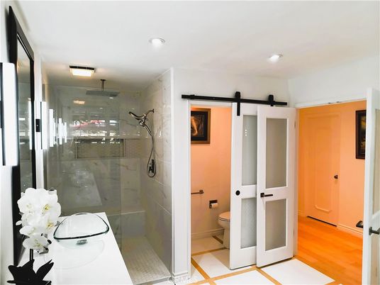 Bathroom, Glass Shower, Interior, Recessed Lighting, Wood Texture Flooring