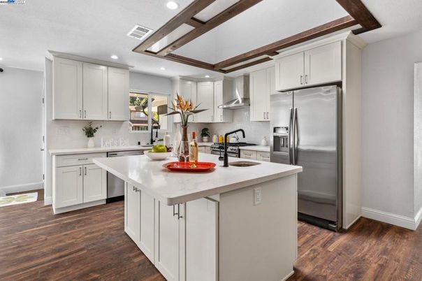 Interior, Kitchen, Recessed Lighting, Stainless Steel Appliances, Wooden Beams, Wood Texture Flooring