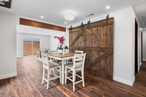 Dining room, Interior, Recessed Lighting, Wood Texture Flooring, Wooden Walls