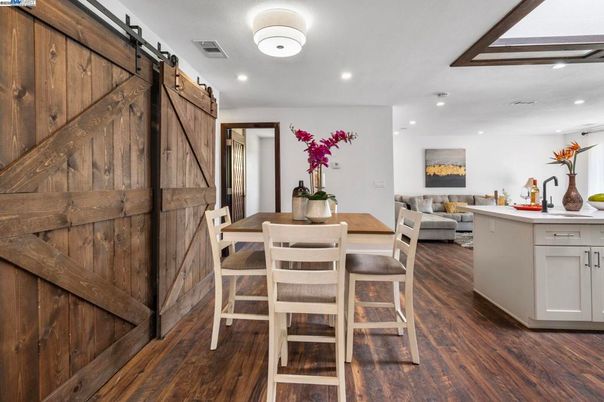 Dining room, Interior, Recessed Lighting, Wood Texture Flooring