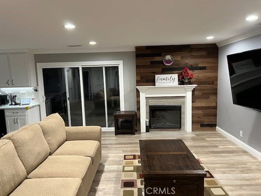 Fireplace, Interior, Living room, Recessed Lighting, Wood Texture Flooring, Wooden Walls