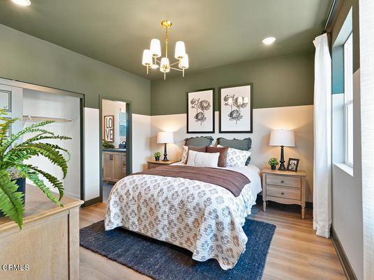 Bedroom, Chandelier, Interior, Recessed Lighting, Wood Texture Flooring