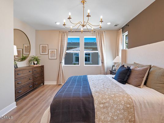Bedroom, Chandelier, Interior, Recessed Lighting, Wood Texture Flooring