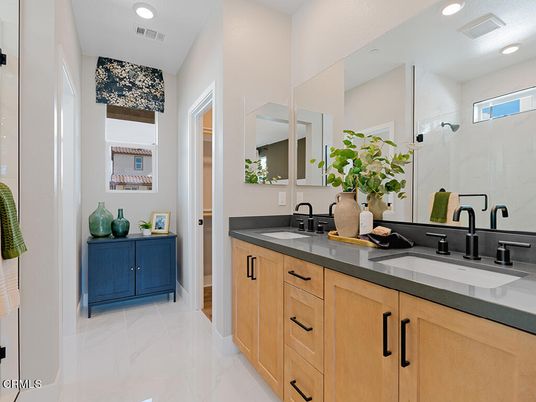 Bathroom, Dual Sink Vanities, Interior, Marble, Recessed Lighting