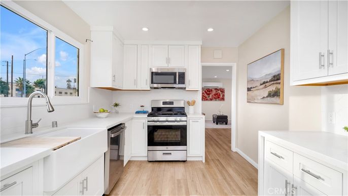 Interior, Kitchen, Recessed Lighting, Stainless Steel Appliances, Wood Texture Flooring