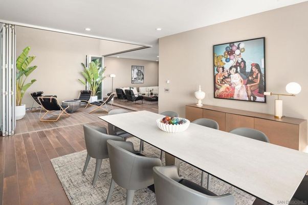 Dining room, Interior, Living room, Recessed Lighting, Wood Texture Flooring