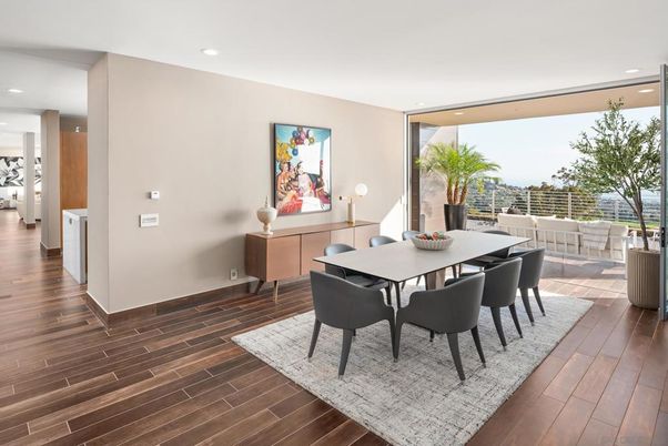 Dining room, Interior, Recessed Lighting, Wood Texture Flooring