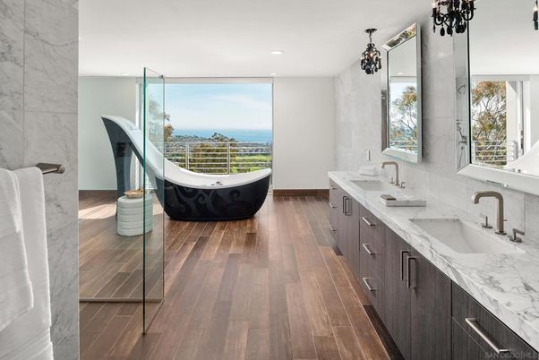 Bathroom, Dual Sink Vanities, Interior, Marble Walls, Recessed Lighting, Water, Wood Texture Flooring