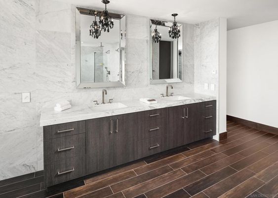 Bathroom, Chandelier, Dual Sink Vanities, Interior, Marble Walls, Wood Texture Flooring