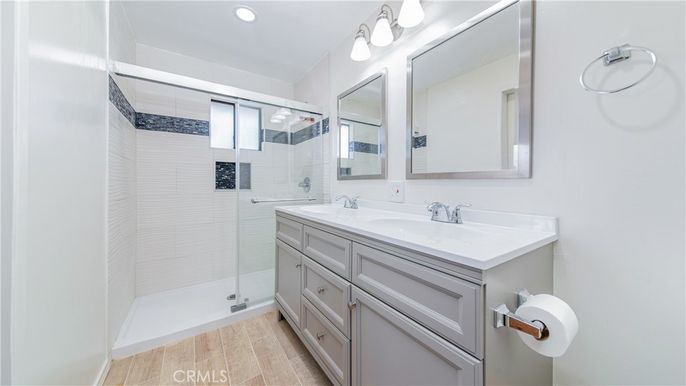 Bathroom, Glass Shower, Interior, Recessed Lighting, Wood Texture Flooring